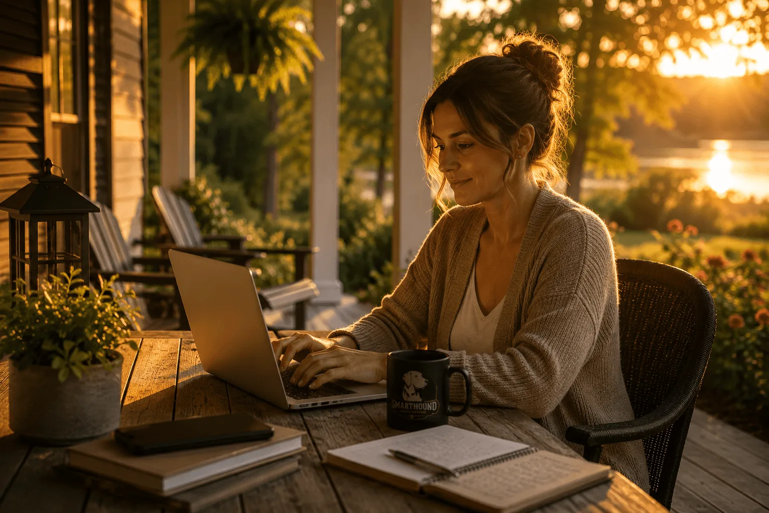A relaxed client working on a laptop at golden hour with a SmartHound mug