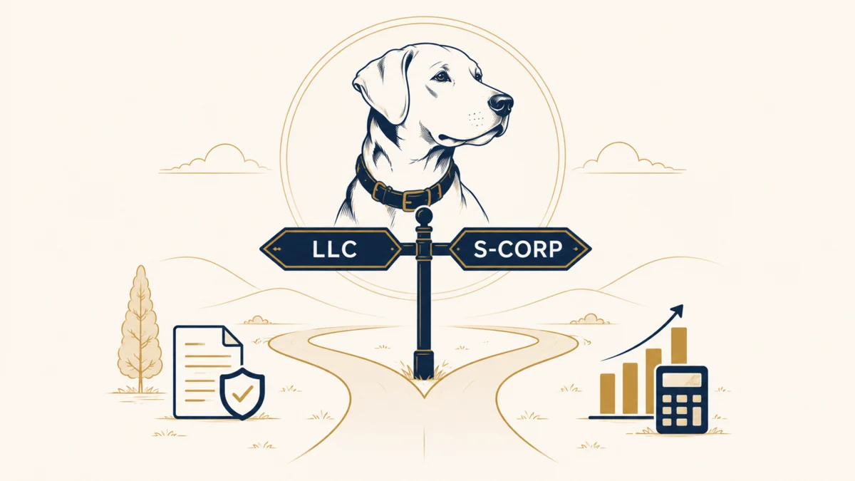 A signpost pointing to LLC and S-Corp, with the SmartHound hound above